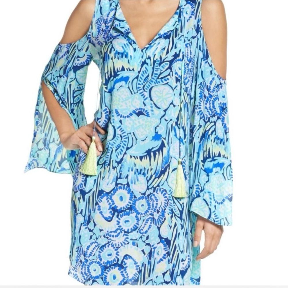 Lilly Pulitzer Benicia Cold Shoulder Tassel Shift Dress Blue Pattern Small